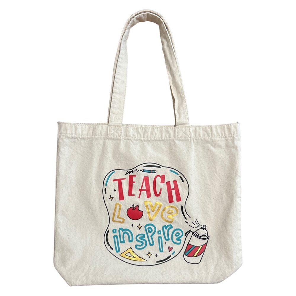 “Teach Love Inspire” 100% Cotton Reusable Canvas Tote - Cream, Red, Gold, Blue